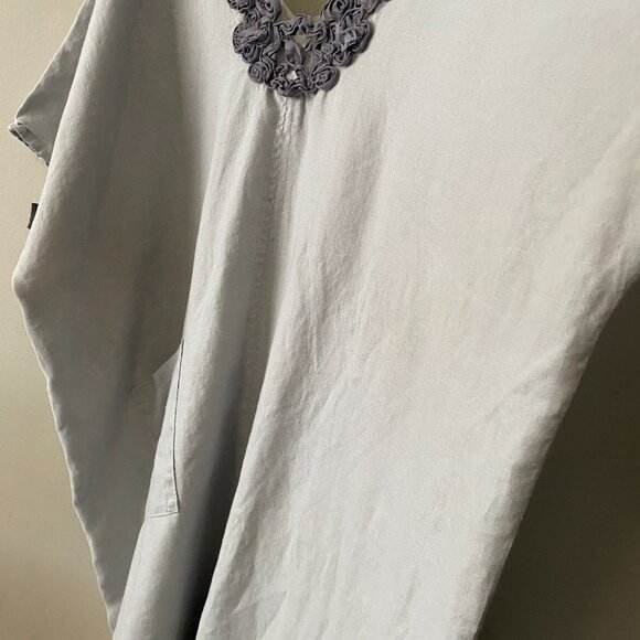 Handmade Plus Size 100% Linen Blue Grey Patch Pocket Floral Appliqué Dress - Picture 9 of 16